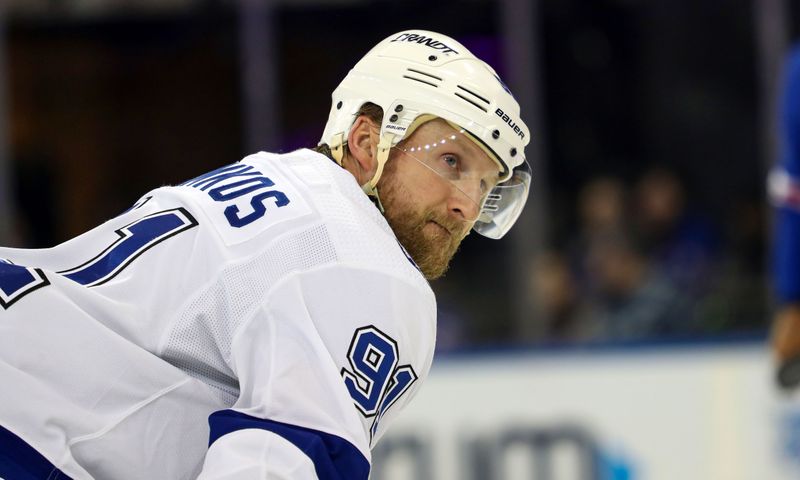 Apr 5, 2023; New York, New York, USA; Tampa Bay Lightning center Steven Stamkos (91) awaits a face-off against the New York Rangers during the second period at Madison Square Garden. Mandatory Credit: Danny Wild-USA TODAY Sports