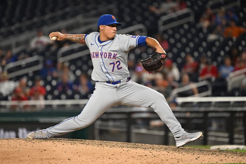 Jul 2, 2024; Washington, District of Columbia, USA; New York Mets relief pitcher Dedniel Nuñez (72) throws a pitch against the Washington Nationals during the tenth inning at Nationals Park. Mandatory Credit: Rafael Suanes-USA TODAY Sports
