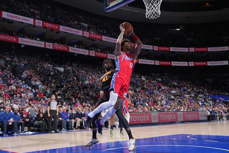 PHILADELPHIA, PA - FEBRUARY 9: Kelly Oubre Jr. #9 of the Philadelphia 76ers drives to the basket during the game against the Atlanta Hawks on February 9, 2024 at the Wells Fargo Center in Philadelphia, Pennsylvania NOTE TO USER: User expressly acknowledges and agrees that, by downloading and/or using this Photograph, user is consenting to the terms and conditions of the Getty Images License Agreement. Mandatory Copyright Notice: Copyright 2024 NBAE (Photo by Jesse D. Garrabrant/NBAE via Getty Images)