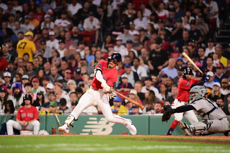 Jun 14, 2024; Boston, Massachusetts, USA; Boston Red Sox left fielder Jarren Duran (16) hits a single against the New York Yankees during the third inning at Fenway Park. Mandatory Credit: Eric Canha-USA TODAY Sports