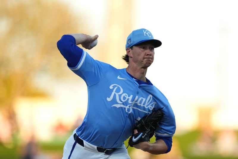 Mar 5, 2024; Surprise, Arizona, USA; Kansas City Royals starting pitcher Brady Singer (51) pitches against the Chicago Cubs during the first inning at Surprise Stadium. Mandatory Credit: Joe Camporeale-USA TODAY Sports