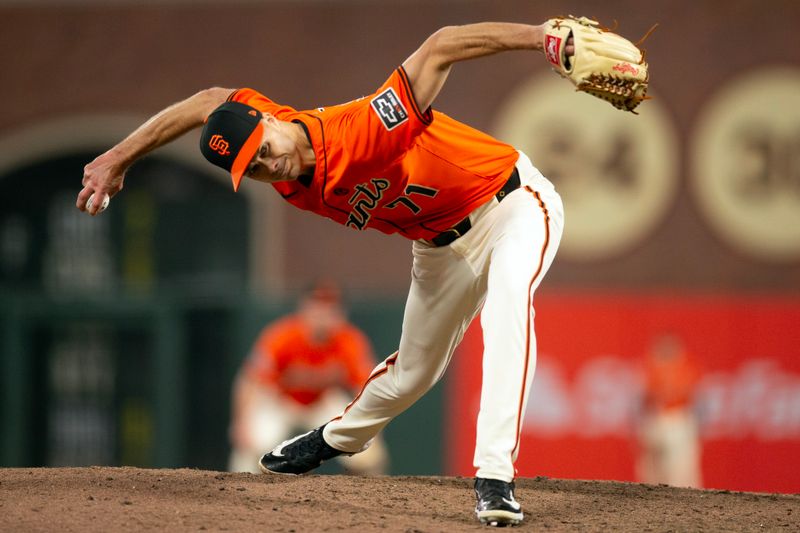 Aug 9, 2024; San Francisco, California, USA; San Francisco Giants pitcher Tyler Rogers (71) delivers a pitch against the Detroit Tigers during the ninth inning at Oracle Park. Mandatory Credit: D. Ross Cameron-USA TODAY Sports