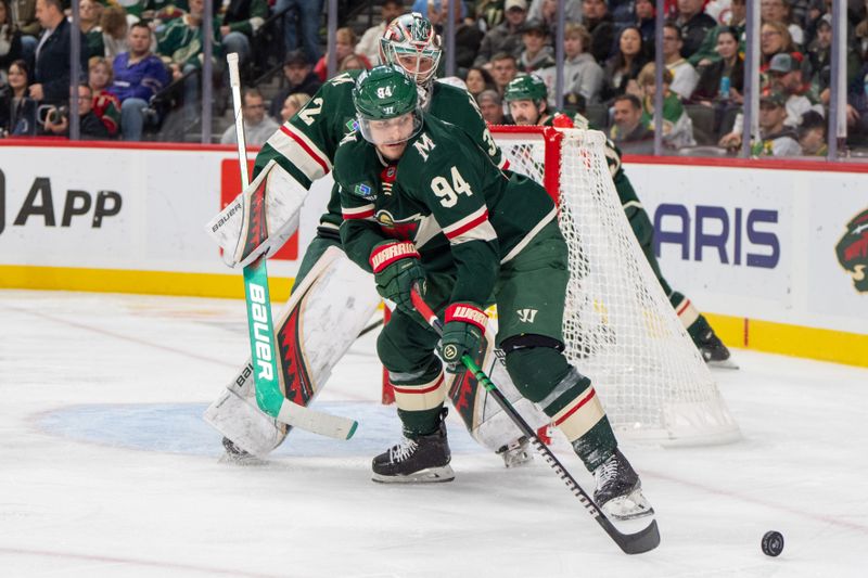 Nov 14, 2024; Saint Paul, Minnesota, USA; Minnesota Wild center Jakub Lauko (94) chases a rebound against the Montreal Canadiens in the third period at Xcel Energy Center. Mandatory Credit: Matt Blewett-Imagn Images