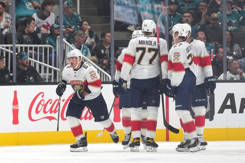 Nov 8, 2025; San Jose, California, USA; Florida Panthers left wing Brad Marchand (63) skates after celebrating his goal with teammates against the San Jose Sharks during the second period at SAP Center at San Jose. Mandatory Credit: Darren Yamashita-Imagn Images