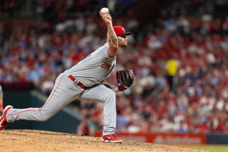 Sep 30, 2023; St. Louis, Missouri, USA; Cincinnati Reds pitcher Ben Lively (59) pitches against the St. Louis Cardinals in the fourth inning at Busch Stadium. Mandatory Credit: Zach Dalin-USA TODAY Sports