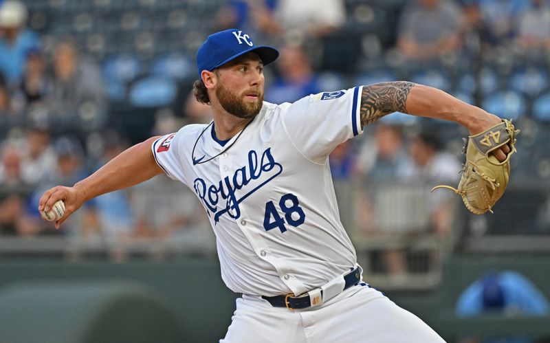 May 21, 2024; Kansas City, Missouri, USA;  Kansas City Royals starting pitcher Alec Marsh (48) delivers a pitch in the first inning against the Detroit Tigers at Kauffman Stadium. Mandatory Credit: Peter Aiken-USA TODAY Sports