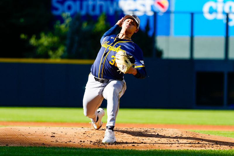 Jul 4, 2024; Denver, Colorado, USA; Milwaukee Brewers starting pitcher Tobias Myers (36) delivers a pitch against the Colorado Rockies during the first inning at Coors Field. Mandatory Credit: Troy Babbitt-USA TODAY Sports

 