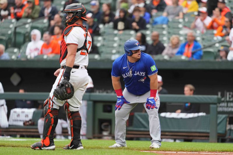 May 15, 2024; Baltimore, Maryland, USA; Toronto Blue Jays designated hitter Daniel Vogelbach (20) reacts after being called out on strikes in the second inning against the Baltimore Orioles at Oriole Park at Camden Yards. Mandatory Credit: Mitch Stringer-USA TODAY Sports