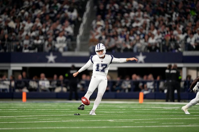 Dallas Cowboys place kicker Brandon Aubrey kicks off to the Philadelphia Eagles during an NFL football game in Arlington, Texas, Sunday, Dec. 10, 2023. (AP Photo/Tony Gutierrez)