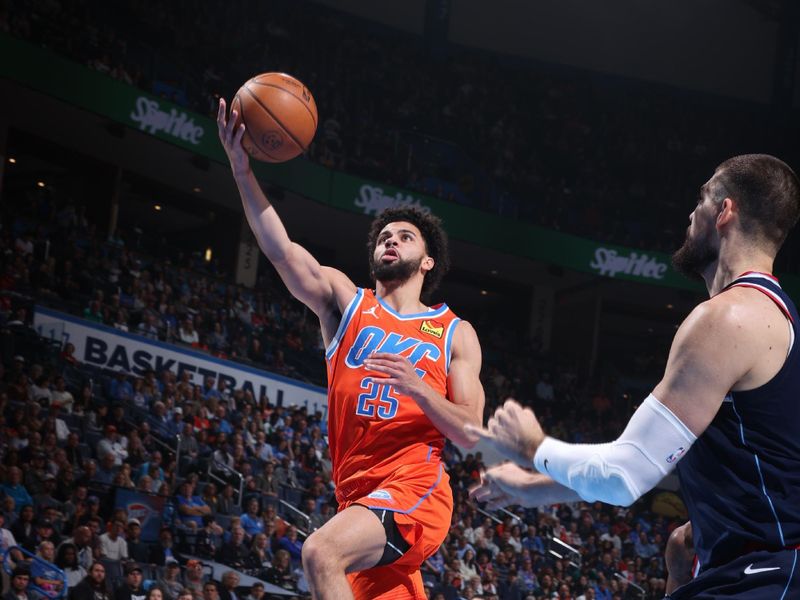 OKLAHOMA CITY, OK - NOVEMBER 11: Ajay Mitchell #25 of the Oklahoma City Thunder drives to the basket during the game against the LA Clippers on November 11, 2024 at Paycom Center in Oklahoma City, Oklahoma. NOTE TO USER: User expressly acknowledges and agrees that, by downloading and or using this photograph, User is consenting to the terms and conditions of the Getty Images License Agreement. Mandatory Copyright Notice: Copyright 2024 NBAE (Photo by Nathaniel S. Butler/NBAE via Getty Images)