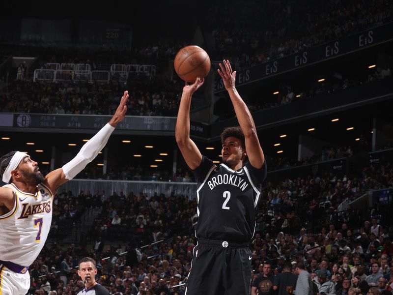 BROOKLYN, NY - MARCH 31: Cameron Johnson #2 of the Brooklyn Nets shoots a 3-point basket during the game  on March 31, 2024 at Barclays Center in Brooklyn, New York. NOTE TO USER: User expressly acknowledges and agrees that, by downloading and or using this Photograph, user is consenting to the terms and conditions of the Getty Images License Agreement. Mandatory Copyright Notice: Copyright 2024 NBAE (Photo by Nathaniel S. Butler/NBAE via Getty Images)