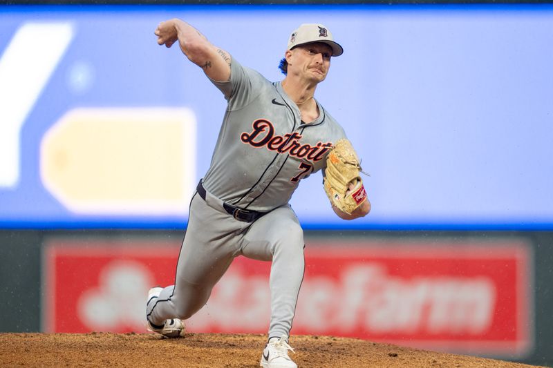 Jul 4, 2024; Minneapolis, Minnesota, USA; Detroit Tigers relief pitcher Shelby Miller (7) delivers a pitch in the seventh inning at Target Field. Mandatory Credit: Matt Blewett-USA TODAY Sports