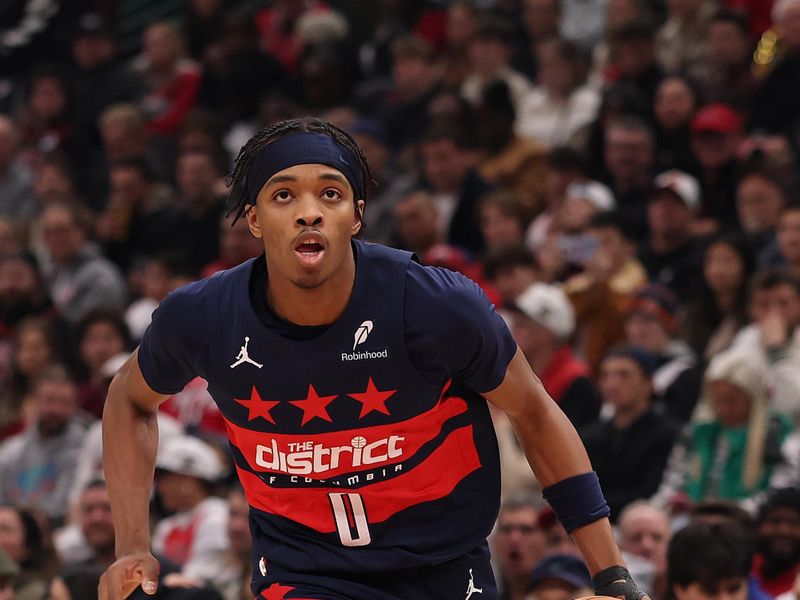 CHICAGO, ILLINOIS - JANUARY 10: Bilal Coulibaly #0 of the Washington Wizards drives to the basket against the Chicago Bulls during the first half at the United Center on January 10, 2025 in Chicago, Illinois. NOTE TO USER: User expressly acknowledges and agrees that, by downloading and or using this photograph, User is consenting to the terms and conditions of the Getty Images License Agreement.  (Photo by Michael Reaves/Getty Images)