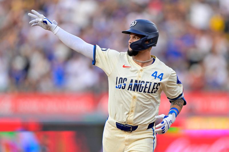 Sep 7, 2024; Los Angeles, California, USA;  Los Angeles Dodgers center fielder Andy Pages (44) rounds the bases after a two run home run in the first inning against the Cleveland Guardians at Dodger Stadium. Mandatory Credit: Jayne Kamin-Oncea-Imagn Images