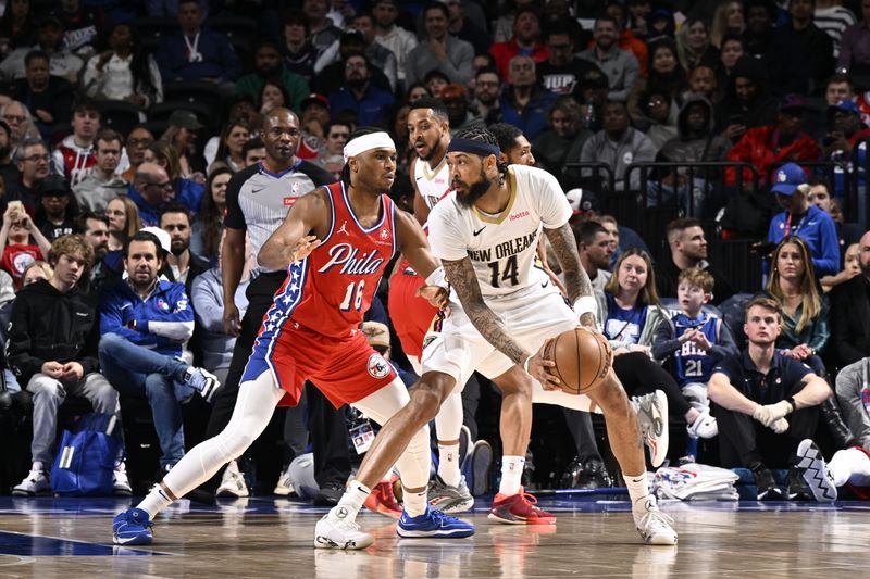 PHILADELPHIA, PA - MARCH 8:Brandon Ingram #14 of the New Orleans Pelicans handles the ball during the game against the Philadelphia 76ers on March 8, 2024 at the Wells Fargo Center in Philadelphia, Pennsylvania NOTE TO USER: User expressly acknowledges and agrees that, by downloading and/or using this Photograph, user is consenting to the terms and conditions of the Getty Images License Agreement. Mandatory Copyright Notice: Copyright 2024 NBAE (Photo by David Dow/NBAE via Getty Images)