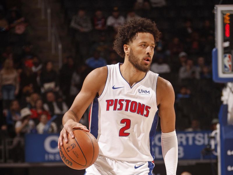 DETROIT, MI - MARCH 7: Cade Cunningham #2 of the Detroit Pistons looks on during the game against the Brooklyn Nets on March 7, 2024 at Little Caesars Arena in Detroit, Michigan. NOTE TO USER: User expressly acknowledges and agrees that, by downloading and/or using this photograph, User is consenting to the terms and conditions of the Getty Images License Agreement. Mandatory Copyright Notice: Copyright 2024 NBAE (Photo by Brian Sevald/NBAE via Getty Images)