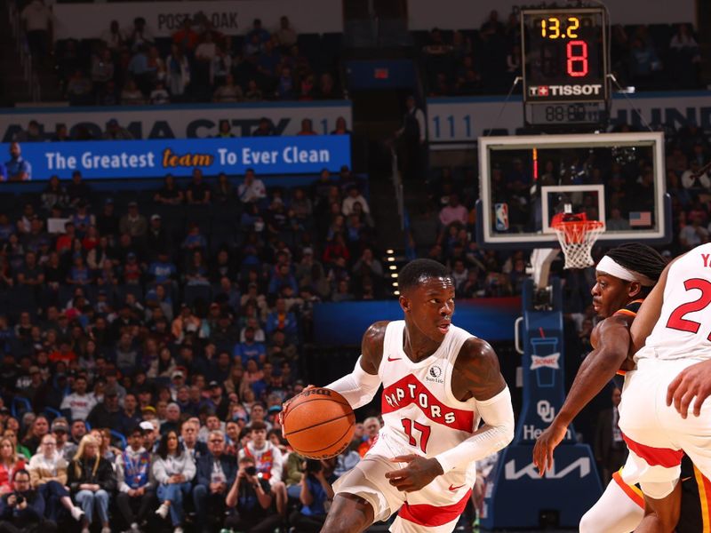 OKLAHOMA CITY, OK - FEBRUARY 4:  Dennis Schroder #17 of the Toronto Raptors goes to the basket during the game on February 4, 2024 at Paycom Arena in Oklahoma City, Oklahoma. NOTE TO USER: User expressly acknowledges and agrees that, by downloading and or using this photograph, User is consenting to the terms and conditions of the Getty Images License Agreement. Mandatory Copyright Notice: Copyright 2024 NBAE (Photo by Zach Beeker/NBAE via Getty Images)