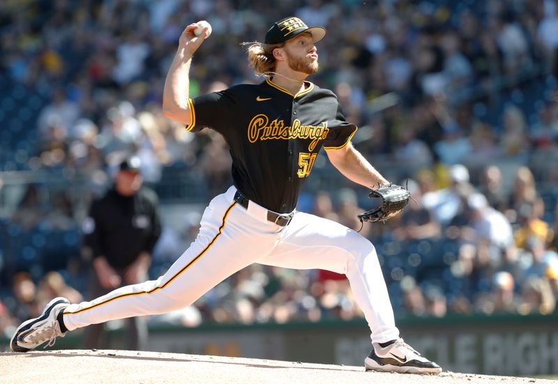 Jun 8, 2024; Pittsburgh, Pennsylvania, USA;  Pittsburgh Pirates starting pitcher Carmen Mlodzinski (50) delivers a  pitch against the Minnesota Twins during the first inning at PNC Park. Mandatory Credit: Charles LeClaire-USA TODAY Sports