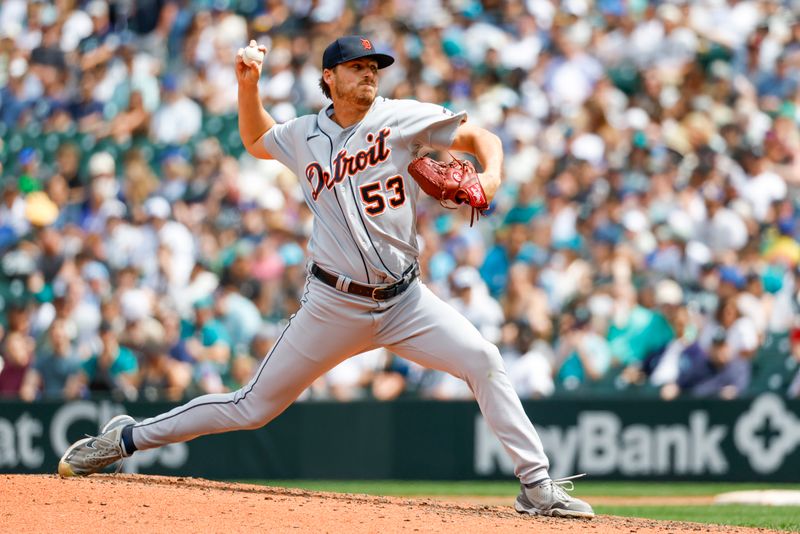 Jul 16, 2023; Seattle, Washington, USA; Detroit Tigers relief pitcher Mason Englert (53) throws against the Seattle Mariners during the seventh inning at T-Mobile Park. Mandatory Credit: Joe Nicholson-USA TODAY Sports