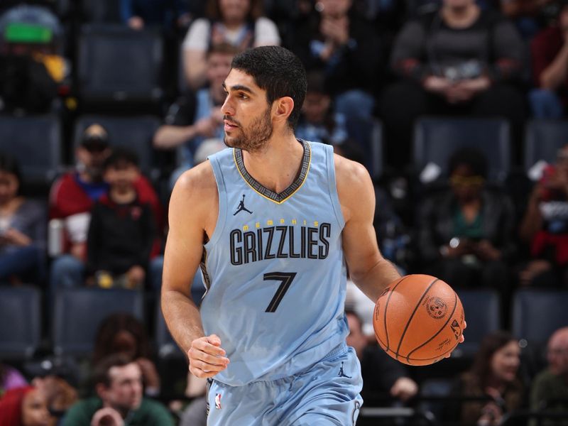 MEMPHIS, TN - MARCH 2: Santi Aldama #7 of the Memphis Grizzlies dribbles the ball during the game against the Portland Trail Blazers on March 2, 2024 at FedExForum in Memphis, Tennessee. NOTE TO USER: User expressly acknowledges and agrees that, by downloading and or using this photograph, User is consenting to the terms and conditions of the Getty Images License Agreement. Mandatory Copyright Notice: Copyright 2024 NBAE (Photo by Joe Murphy/NBAE via Getty Images)