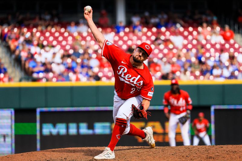 Sep 21, 2025; Cincinnati, Ohio, USA; Cincinnati Reds relief pitcher Graham Ashcraft (23) pitches against the Chicago Cubs in the eighth inning at Great American Ball Park. Mandatory Credit: Katie Stratman-Imagn Images