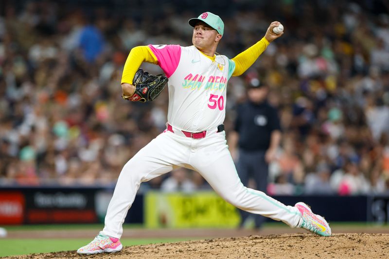 Sep 6, 2024; San Diego, California, USA; San Diego Padres relief pitcher Adrian Morejon (50) throws a pitch during the eighth inning against the San Francisco Giants at Petco Park. Mandatory Credit: David Frerker-Imagn Images