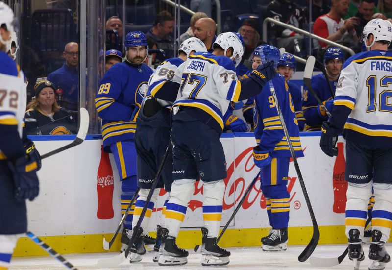 Nov 14, 2024; Buffalo, New York, USA;  St. Louis Blues defenseman Pierre-Olivier Joseph (77) gets helped off the ice after getting injured during the second period against the Buffalo Sabres at KeyBank Center. Mandatory Credit: Timothy T. Ludwig-Imagn Images