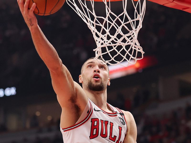 CHICAGO, ILLINOIS - JANUARY 10: Zach LaVine #8 of the Chicago Bulls goes up for a layup against the Washington Wizards during the second half at the United Center on January 10, 2025 in Chicago, Illinois. NOTE TO USER: User expressly acknowledges and agrees that, by downloading and or using this photograph, User is consenting to the terms and conditions of the Getty Images License Agreement.  (Photo by Michael Reaves/Getty Images)