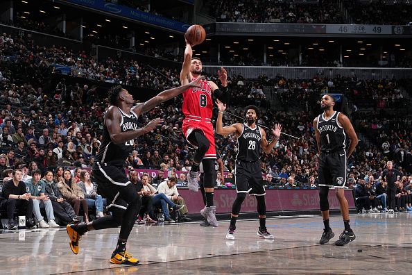 BROOKLYN, NY - NOVEMBER 26: Zach LaVine #8 of the Chicago Bulls drives to the basket during the game against the Brooklyn Nets on November 26, 2023 at Barclays Center in Brooklyn, New York. NOTE TO USER: User expressly acknowledges and agrees that, by downloading and or using this Photograph, user is consenting to the terms and conditions of the Getty Images License Agreement. Mandatory Copyright Notice: Copyright 2023 NBAE (Photo by Jesse D. Garrabrant/NBAE via Getty Images)