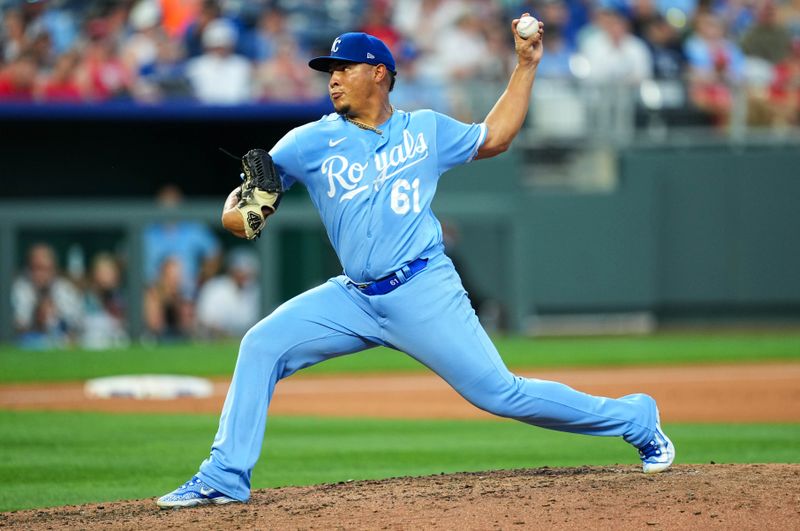 Aug 11, 2023; Kansas City, Missouri, USA; Kansas City Royals relief pitcher Angel Zerpa (61) pitches during the fourth inning against the St. Louis Cardinals at Kauffman Stadium. Mandatory Credit: Jay Biggerstaff-USA TODAY Sports