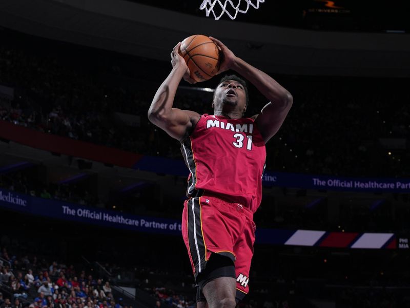 PHILADELPHIA, PA - MARCH 18: Thomas Bryant #31 of the Miami Heat drives to the basket during the game against the Philadelphia 76ers on March 18, 2024 at the Wells Fargo Center in Philadelphia, Pennsylvania NOTE TO USER: User expressly acknowledges and agrees that, by downloading and/or using this Photograph, user is consenting to the terms and conditions of the Getty Images License Agreement. Mandatory Copyright Notice: Copyright 2024 NBAE (Photo by Jesse D. Garrabrant/NBAE via Getty Images)