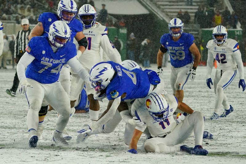 Oct 28, 2023; Fort Collins, Colorado, USA;  Air Force Falcons fullback Emmanuel Michel (4) carries the ball against the Colorado State Rams at Sonny Lubick Field at Canvas Stadium. Air Force Falcons defeated Colorado 
State 30-13. Mandatory Credit: Michael Madrid-USA TODAY Sports