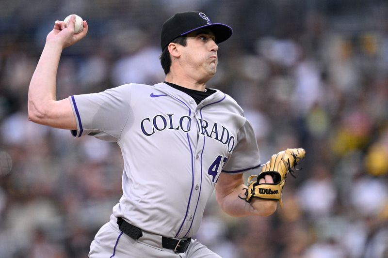 May 13, 2024; San Diego, California, USA; Colorado Rockies starting pitcher Cal Quantrill (47) throws a pitch against the San Diego Padres during the first inning at Petco Park. Mandatory Credit: Orlando Ramirez-USA TODAY Sports