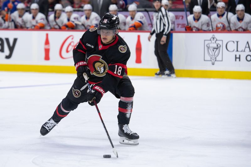 Dec 8, 2024; Ottawa, Ontario, CAN; Ottawa Senators center Tim Stutzle (18) moves the puck in the first period against the New York Islanders at the Canadian Tire Centre. Mandatory Credit: Marc DesRosiers-Imagn Images