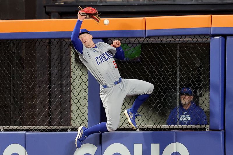 May 1, 2024; New York City, New York, USA; Chicago Cubs center fielder Pete Crow-Armstrong (52) cannot catch a double by New York Mets designated hitter J.D. Martinez (not pictured) during the ninth inning at Citi Field. Mandatory Credit: Brad Penner-USA TODAY Sports