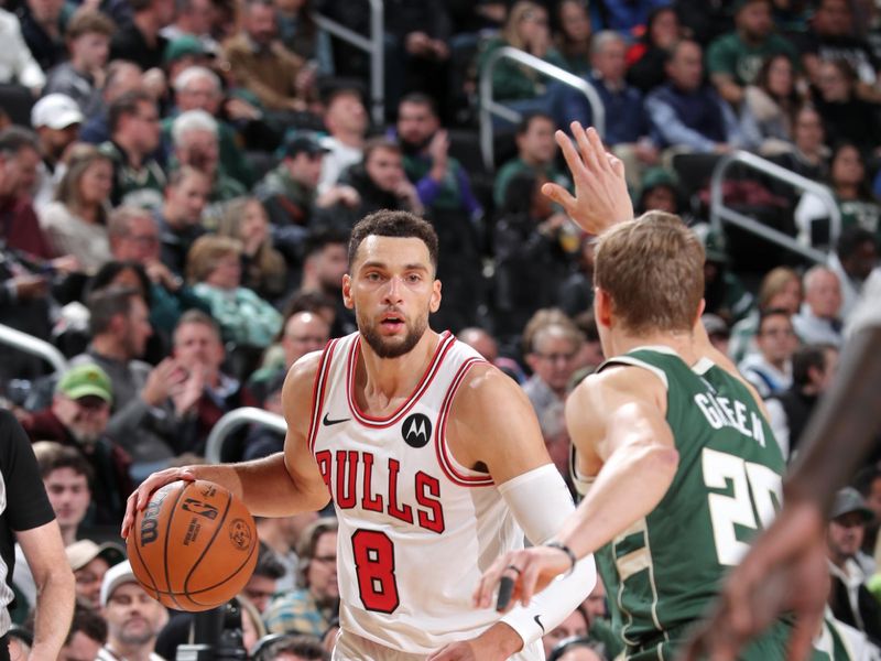 MILWAUKEE, WI - NOVEMBER 20: Zach LaVine #8 of the Chicago Bulls looks on during the game against the Milwaukee Bucks on November 20, 2024 at the Fiserv Forum Center in Milwaukee, Wisconsin. NOTE TO USER: User expressly acknowledges and agrees that, by downloading and or using this Photograph, user is consenting to the terms and conditions of the Getty Images License Agreement. Mandatory Copyright Notice: Copyright 2024 NBAE (Photo by Gary Dineen/NBAE via Getty Images).