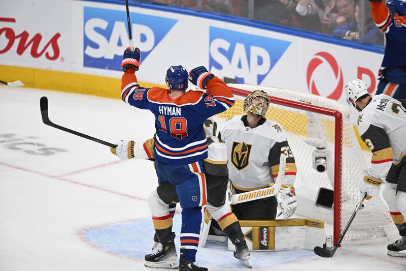 May 10, 2025; Edmonton, Alberta, CAN; Edmonton Oilers left winger Zach Hyman (18) reacts to a goal on Vegas Golden Knights goalie Adin Hill (33) during the third period in game three of the second round of the 2025 Stanley Cup Playoffs at Rogers Place. Mandatory Credit: Walter Tychnowicz-Imagn Images