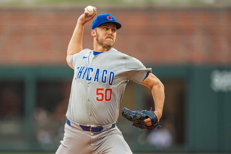 May 14, 2024; Cumberland, Georgia, USA; Chicago Cubs starting pitcher Jameson Taillon (50) pitches against the Atlanta Braves during the first inning at Truist Park. Mandatory Credit: Dale Zanine-USA TODAY Sports