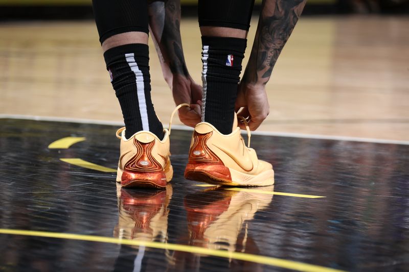 SALT LAKE CITY, UT - MARCH 27: The sneakers worn by Luka Samanic #19 of the Utah Jazz during the game against the San Antonio Spurs on March 27, 2024 at Delta Center in Salt Lake City, Utah. NOTE TO USER: User expressly acknowledges and agrees that, by downloading and or using this Photograph, User is consenting to the terms and conditions of the Getty Images License Agreement. Mandatory Copyright Notice: Copyright 2024 NBAE (Photo by Melissa Majchrzak/NBAE via Getty Images)