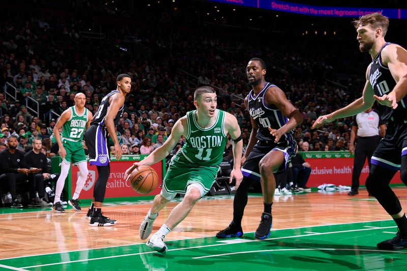 BOSTON, MA - APRIL 5:  Payton Pritchard #11 of the Boston Celtics dribbles the ball during the game against the Sacramento Kings on April 5, 2024 at the TD Garden in Boston, Massachusetts. NOTE TO USER: User expressly acknowledges and agrees that, by downloading and or using this photograph, User is consenting to the terms and conditions of the Getty Images License Agreement. Mandatory Copyright Notice: Copyright 2024 NBAE  (Photo by Brian Babineau/NBAE via Getty Images)