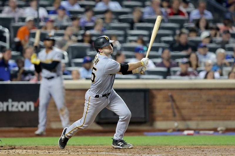 Aug 15, 2023; New York City, New York, USA; Pittsburgh Pirates catcher Jason Delay (55) follows through on a two run double against the New York Mets during the seventh inning at Citi Field. Mandatory Credit: Brad Penner-USA TODAY Sports