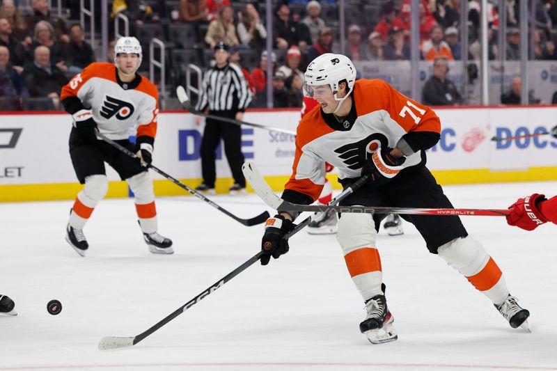 Jan 25, 2024; Detroit, Michigan, USA;  Philadelphia Flyers right wing Tyson Foerster (71) skates with the puck in the third period against the Detroit Red Wings at Little Caesars Arena. Mandatory Credit: Rick Osentoski-USA TODAY Sports