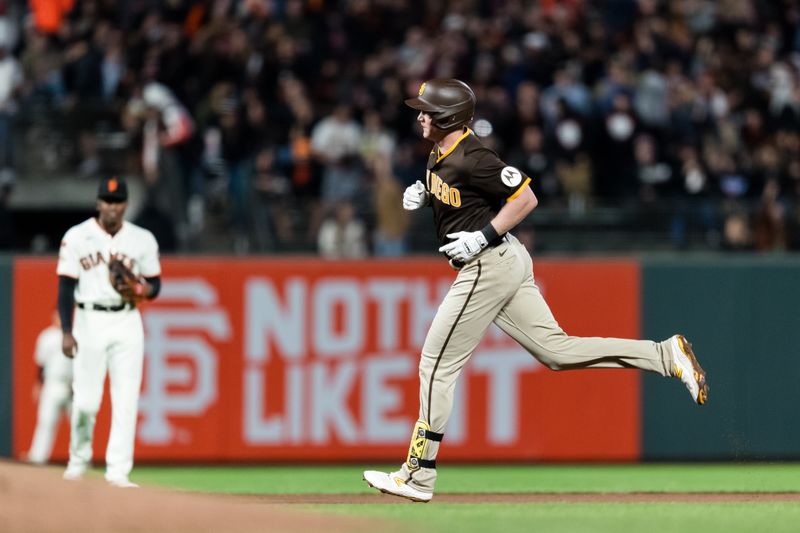 Sep 27, 2023; San Francisco, California, USA; San Diego Padres first baseman Garrett Cooper (24) runs the bases after hitting a solo home run against the San Francisco Giants during the seventh inning at Oracle Park. Mandatory Credit: John Hefti-USA TODAY Sports