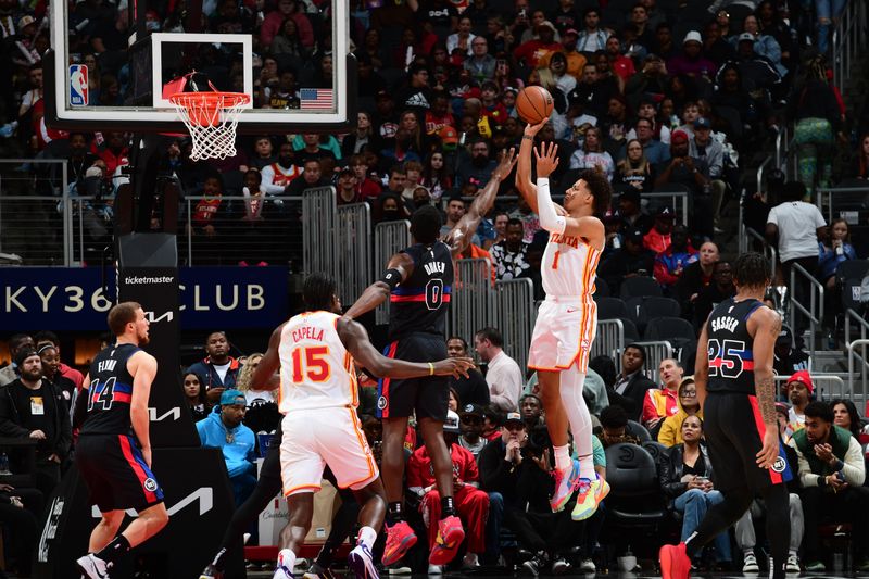 ATLANTA, GA - APRIL 3: Jalen Johnson #1 of the Atlanta Hawks shoots the ball during the game against the Detroit Pistons on April 3, 2024 at State Farm Arena in Atlanta, Georgia.  NOTE TO USER: User expressly acknowledges and agrees that, by downloading and/or using this Photograph, user is consenting to the terms and conditions of the Getty Images License Agreement. Mandatory Copyright Notice: Copyright 2024 NBAE (Photo by Scott Cunningham/NBAE via Getty Images)