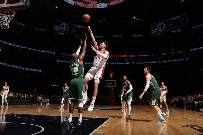 WASHINGTON, DC -? APRIL 2: Corey Kispert #24 of the Washington Wizards shoots the ball during the game against the Milwaukee Bucks on April 2, 2024 at Capital One Arena in Washington, DC. NOTE TO USER: User expressly acknowledges and agrees that, by downloading and or using this Photograph, user is consenting to the terms and conditions of the Getty Images License Agreement. Mandatory Copyright Notice: Copyright 2024 NBAE (Photo by Stephen Gosling/NBAE via Getty Images)