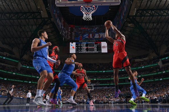 DALLAS, TX - NOVEMBER 8: Scottie Barnes #4 of the Toronto Raptors grabs a rebound during the game against the Dallas Mavericks on November 8, 2023 at the American Airlines Center in Dallas, Texas. NOTE TO USER: User expressly acknowledges and agrees that, by downloading and or using this photograph, User is consenting to the terms and conditions of the Getty Images License Agreement. Mandatory Copyright Notice: Copyright 2023 NBAE (Photo by Glenn James/NBAE via Getty Images)