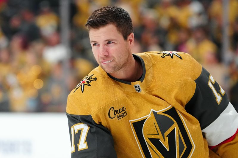 Oct 8, 2025; Las Vegas, Nevada, USA; Vegas Golden Knights defenseman Ben Hutton (17) warms up before a game against the Los Angeles Kings at T-Mobile Arena. Mandatory Credit: Stephen R. Sylvanie-Imagn Images