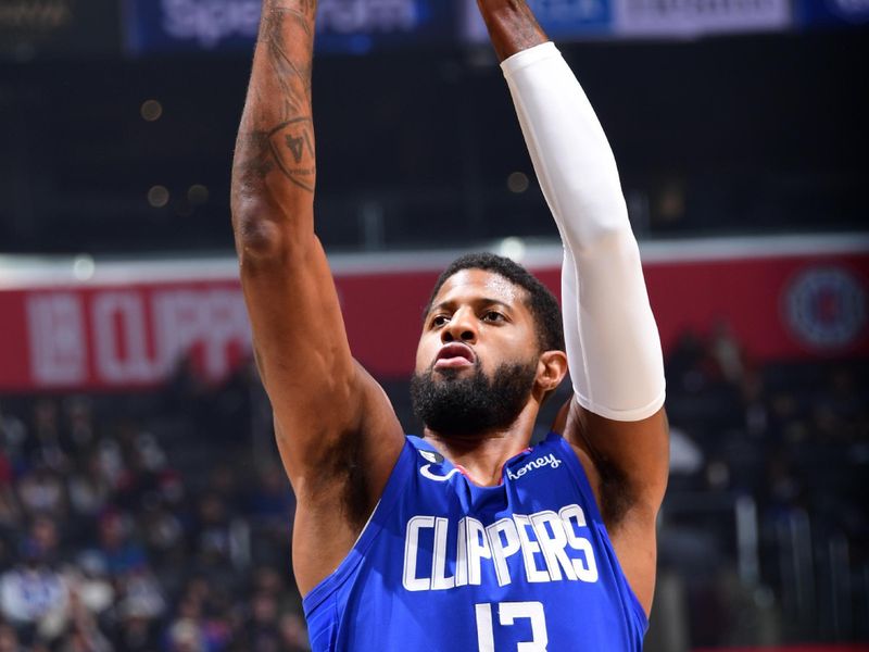 LOS ANGELES, CA - FEBRUARY 28: Paul George #13 of the LA Clippers shoots a free throw during the game against the Minnesota Timberwolves on February 28, 2023 at Crypto.Com Arena in Los Angeles, California. NOTE TO USER: User expressly acknowledges and agrees that, by downloading and/or using this Photograph, user is consenting to the terms and conditions of the Getty Images License Agreement. Mandatory Copyright Notice: Copyright 2023 NBAE (Photo by Adam Pantozzi/NBAE via Getty Images)