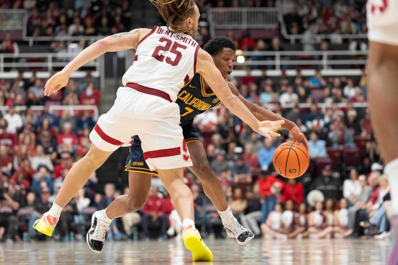 Jan 24, 2026; Stanford, California, USA;  California Golden Bears guard Dai Dai Ames (7) controls the ball during the second half against Stanford Cardinal guard Jeremy Dent-Smith (25) at Maples Pavilion. Mandatory Credit: Stan Szeto-Imagn Images