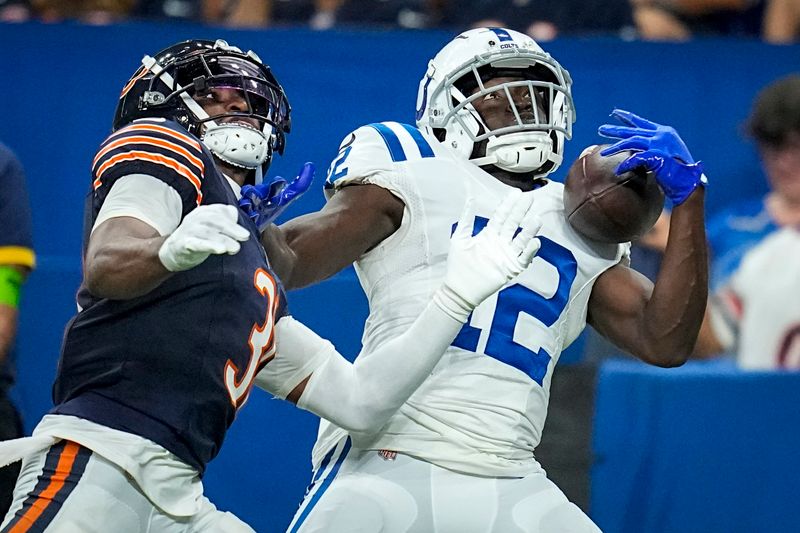 Indianapolis Colts wide receiver Malik Turner (12) in action during an NFL preseason football game between the Chicago Bears and the Indianapolis Colts in Indianapolis, Saturday, Aug. 19, 2023. (AP Photo/Darron Cummings)